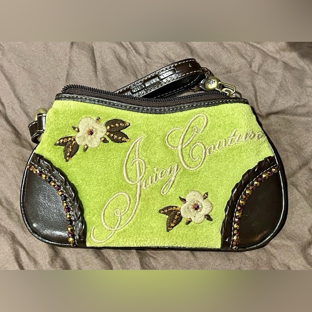 Juicy Couture Green and Brown Embroidered Rhinestone Women's Wristlet